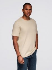 Męska koszulka o waflowej strukturze z okrągłym dekoltem – piaskowa V2. Brązowe koszulki polo męskie Ombre Clothing, m, bez wzorów, z bawełny, bez ramiączek. W wyprzedaży za 82.49 zł.