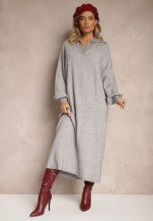 Szara Sweterkowa Sukienka z Wiskozą o Pudełkowym Kroju Ozdobiona Kołnierzykiem Clarinnae. Szare sukienki damskie Renee, bez wzorów, z wiskozy, eleganckie, bez kołnierzyka, bez ramiączek, maxi, kopertowe. Za 119.99 zł.