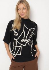 Czarny Pudełkowy Golf z Krótkim Rękawem i Grafiką Unvessa. Czarne swetry damskie Born2be, bez wzorów, z jeansu, eleganckie, bez kołnierzyka, bez ramiączek, krótkie, bez kaptura. Za 79.99 zł.