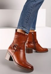 Brązowe Botki Bikery na Słupku z Klamrami i Paskami Verissca. Brązowe botki damskie Renee, na jesień, z jeansu, rockowe, bez obcasa, na obcasie, bez zapięcia. Za 159.99 zł.