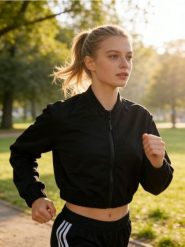 Krótka bluza sportowa z zamkiem - czarny. Czarne bluzy damskie Sinsay, l, bez wzorów, bez kaptura, do biegania. Za 49.99 zł.