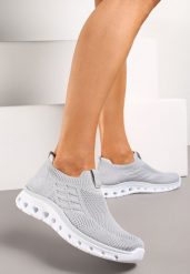 Szare Buty Sportowe z Wycięciami na Podeszwie i Elastyczną Cholewką Drakia. Szare obuwie sportowe damskie Born2be, bez wzorów, z jeansu. Za 49.99 zł.