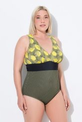 Damski Strój kąpielowy cytryny ozdobny pasek miękkie miseczki z recyklingu. Zielone kostiumy jednoczęściowe damskie Ulla Popken, plus size, bez wzorów, z elastanu, plus size, do pływania. Za 191.99 zł.