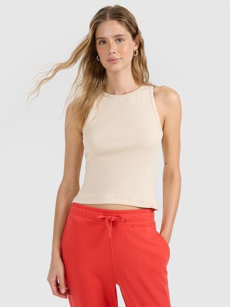 4F Top slim gładki damski - beżowy XL. Brązowe koszulki sportowe damskie 4f, xl, bez wzorów, z bawełny, bez kołnierzyka, bez ramiączek. W wyprzedaży za 29.99 zł.