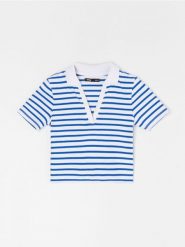 Prążkowana bluzka polo w paski - wielobarwny. Bluzki damskie Sinsay, l, bez wzorów, prążkowane, bez kołnierzyka, bez ramiączek. Za 29.99 zł.