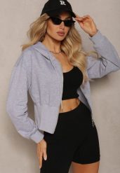 Szara Taliowana Bluza z Kapturem Zapinana na Zamek Błyskawiczny Vireapa. Szare bluzy damskie Renee, l, bez wzorów, z kapturem. Za 49.99 zł.