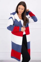 Sweter w pasy trzykolorowy ecru+jeans+czerwony. Czerwone swetry damskie KESI, l, bez wzorów, z jeansu, bez kołnierzyka, plus size, bez ramiączek, długie, z kapturem. Za 178.78 zł.