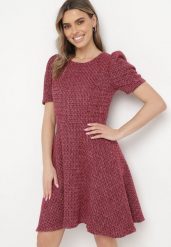 Bordowa Sukienka Mini Rozkloszowana z Bufkami na Ramionach Oanne. Czerwone sukienki dla dziewczynek Born2be, na lato, bez wzorów, bez ramiączek. Za 129.99 zł.