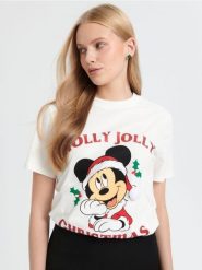 Koszulka Myszka Miki - kremowy. Białe t-shirty damskie Sinsay, l, bez wzorów, z bawełny, wizytowe, bez kołnierzyka. Za 29.99 zł.