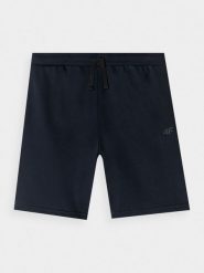 4F Spodenki dresowe chłopięce - granatowe 122 (6-7 lat). Niebieskie szorty dla chłopców 4f, bez wzorów, z bawełny, sportowe. W wyprzedaży za 19.99 zł.