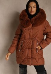 Brązowa Pudełkowa Kurtka Pikowana Ozdobiona Odpinanym Futerkiem i Suwakiem Hedizelle. Brązowe kurtki damskie Renee, na zimę, l, bez wzorów, z futra. Za 229.99 zł.
