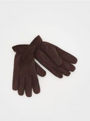 Rękawiczki z gładkiego materiału - ciemnobrązowy. Brązowe rękawiczki męskie Reserved, bez wzorów. W wyprzedaży za 55.99 zł.