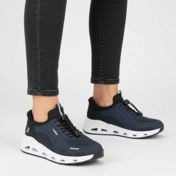 Sneakersy damskie Rieker, tekstylna cholewka z siateczkowymi panelami i sznurowaniem oraz wzmocnionym zapiętkiem, niebieskie, N5257-14. Niebieskie półbuty damskie Rieker, bez wzorów, sportowe, bez obcasa, na platformie, bez zapięcia. Za 369.00 zł.