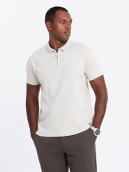 Koszulka męska polo z kołnierzykiem zapinanym na zamek – kremowa V3 OM-POSS-0132 - XXL. Białe koszulki polo męskie Ombre Clothing, l, z aplikacjami, z bawełny, eleganckie, bez ramiączek. W wyprzedaży za 49.99 zł.