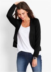 Krótki sweter rozpinany z lejącą wiskozą. Czarne kardigany damskie bonprix, bez wzorów, z wiskozy, eleganckie, bez kołnierzyka, bez ramiączek, krótkie, bez kaptura. Za 79.99 zł.