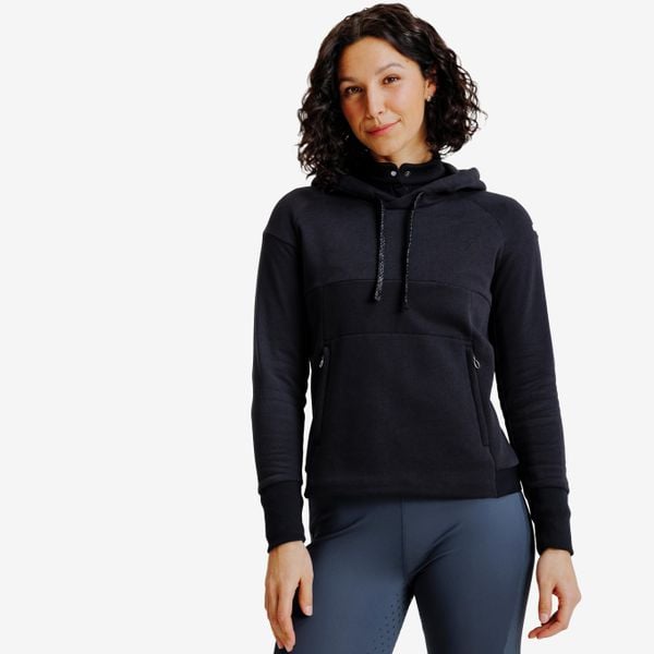Bluza jeździecka z kapturem damska czarna. Czarne bluzy damskie FOUGANZA, na zimę, l, bez wzorów, z bawełny, z kapturem. Za 139.99 zł.