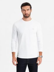 Męski longsleeve SLIM FIT z elastanem i printem biały V2 OM-LSBC-0124 S. Białe bluzki z długim rękawem męskie Ombre, m, bez wzorów, z elastanu, bez kołnierzyka. Za 226.92 zł.