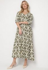 Zielona Rozkloszowana Sukienka z Wiskozą z Motywem Roślinnym Loredia. Zielone sukienki damskie Born2be, na co dzień, l, bez wzorów, z jeansu, eleganckie, bez kołnierzyka, bez ramiączek, maxi, rozkloszowane. Za 119.99 zł.