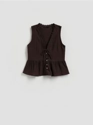 Muślinowa bluzka - ciemnobrązowy. Brązowe bluzki damskie Reserved, l, bez wzorów, z bawełny, bez kołnierzyka, bez ramiączek. Za 69.99 zł.