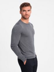 Klasyczny sweter męski z wiskozą BASIC z okrągłym dekoltem – szary melanż V1 OM-SWBS-0106 - XXL. Szare swetry przez głowę męskie Ombre Clothing, l, bez wzorów, z dzianiny, bez kołnierzyka. W wyprzedaży za 89.99 zł.
