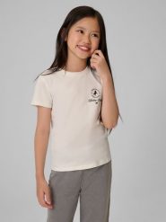 4F T-shirt slim z nadrukiem dziewczęcy - kremowy 152 (11-12 lat). Białe t-shirty i topy dla dziewczynek 4f, bez wzorów, z bawełny, bez ramiączek. Za 39.99 zł.