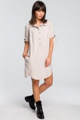 Tunika koszulowa z kołnierzykiem beżowa lniana. Brązowe sukienki damskie Sukienki.shop, m, bez wzorów, z jeansu, biznesowe, bez kołnierzyka, bez ramiączek. Za 149.00 zł.