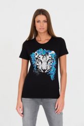 GUESS Czarny t-shirt z printem. Czarne t-shirty damskie Guess, s, z aplikacjami, z bawełny, bez kołnierzyka. W wyprzedaży za 207.99 zł.