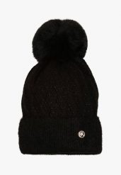 Czarna Czapka z Wiskozą Metaliczną Nicią i Pomponem Berira. Czarne czapki i kapelusze damskie Renee, bez wzorów, z materiału, eleganckie. Za 39.99 zł.