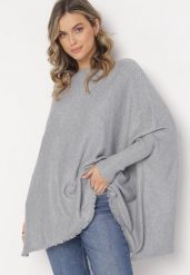 Szary Gładki Sweter Nietoperz z Okrągłym Dekoltem Altomari. Szare swetry damskie Born2be, xl, bez wzorów, bez kołnierzyka, bez ramiączek, bez kaptura. Za 99.99 zł.