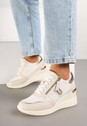 Beżowe Sneakersy na Koturnie Zdobione Suwakiem Hanithiel. Brązowe obuwie sportowe damskie Born2be, z aplikacjami, z jeansu. Za 109.99 zł.