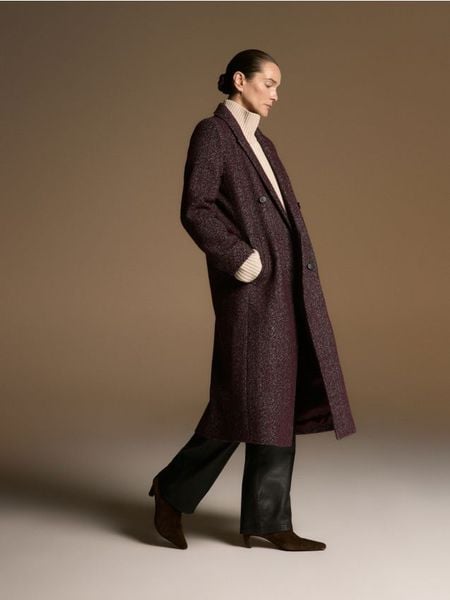 Płaszcz z wełną - karminowy. Czerwone płaszcze damskie Reserved, l, bez wzorów, z tkaniny, bez kaptura. Za 499.99 zł.