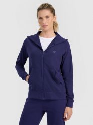 4F Bluza dresowa rozpinana z kapturem damska - granatowa L. Niebieskie kardigany damskie 4f, l, bez wzorów, z bawełny, sportowe, bez kołnierzyka, bez ramiączek, z kapturem. W wyprzedaży za 119.99 zł.