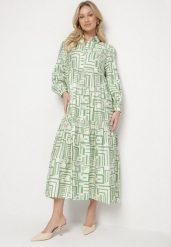 Zielona Rozkloszowana Sukienka Koszulowa z Wiskozą w Geometryczny Wzór Alineria. Zielone sukienki damskie Born2be, na co dzień, l, bez wzorów, z bawełny, eleganckie, bez kołnierzyka, bez ramiączek, maxi, koszulowe. Za 139.99 zł.