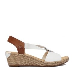Sandały Rieker. Białe sandały damskie Rieker, bez wzorów, bez obcasa, na koturnie, bez zapięcia. Za 299.99 zł.