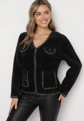 Czarny Sweter Kardigan z Ozdobnymi Guzikami i Kieszeniami Przeszyty Metaliczną Nicią Getira. Czarne kardigany damskie Born2be, l, bez wzorów, z jeansu, eleganckie, długie. Za 99.99 zł.