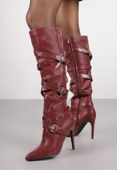 Bordowo-Czerwone Kozaki na Szpilce Typu Bikery z Ozdobnymi Paskami i Klamrami Jeslife. Czerwone kozaki damskie Born2be, z jeansu, bez obcasa, na obcasie. Za 169.99 zł.
