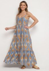 Niebiesko-Beżowa Sukienka o Rozkloszowanym Kroju Boho na Cienkich Ramiączkach Tosave. Niebieskie sukienki damskie Born2be, na co dzień, na lato, l, z aplikacjami, boho, bez kołnierzyka, bez ramiączek, midi, proste. Za 64.99 zł.