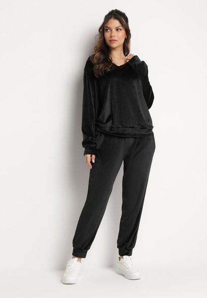 Czarny Welurowy Komplet Dresowy Bluza z Trójkątnym Dekoltem i Spodnie z Kieszeniami Onchia. Czarne bluzy damskie Born2be, m, bez wzorów, z dresówki. Za 99.99 zł.