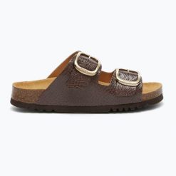 Klapki damskie Scholl Noelle Syntetic Reptile. Brązowe klapki damskie Scholl, bez wzorów, z materiału, sportowe, bez obcasa. Za 249.99 zł.