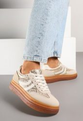 Beżowe Wężowe Sneakersy Typu Kultowe Tenisówki na Niskiej Platformie Olritia. Brązowe trampki i tenisówki damskie Renee, bez wzorów, z materiału, bez zapięcia. Za 89.99 zł.