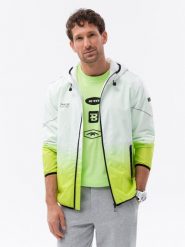 Kurtka męska w stylu sportowym z gradientem – biało-limonkowa V1 - Rozmiar: XL. Białe kurtki sportowe męskie Ombre Clothing, m, z aplikacjami, z materiału. W wyprzedaży za 49.99 zł.