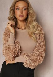 Beżowy Dopasowany Sweter z Bufiastymi Zdobionymi Rękawami Theoris. Brązowe swetry damskie Renee, s, z aplikacjami, z wiskozy, bez kołnierzyka, bez ramiączek, bez kaptura. Za 119.99 zł.