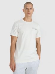 4F T-shirt regular z nadrukiem męski - biały L. Białe koszulki sportowe męskie 4f, l, bez wzorów, z bawełny, bez kołnierzyka, bez ramiączek. Za 59.99 zł.