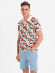 Koszulka polo bawełniana z nadrukiem w kwiaty – biała V1 OM-POSS-0149 - XXL. Białe koszulki polo męskie Ombre Clothing, na lato, l, bez wzorów, z bawełny, eleganckie, bez ramiączek. W wyprzedaży za 69.99 zł.