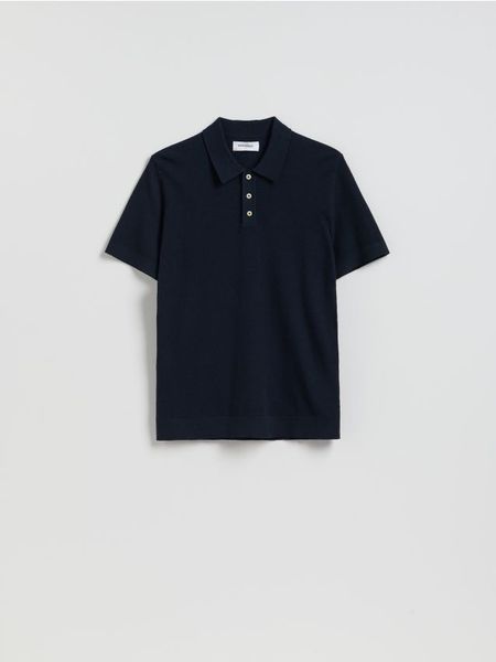 Sweter polo z bawełną - granatowy. Niebieskie swetry przez głowę męskie Reserved, l, bez wzorów, z bawełny, bez kołnierzyka. Za 119.99 zł.