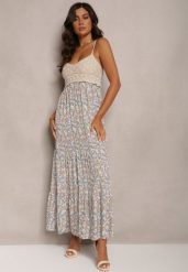 Niebiesko-Zielona Maxi Wiskozowa Sukienka o Rozkloszowanym Fasonie w Kwiaty Ozdobiona Szydełkowym Wzorem Damrea. Zielone sukienki damskie Renee, m, z aplikacjami, z tkaniny, bez kołnierzyka, bez ramiączek, maxi, rozkloszowane. Za 54.99 zł.