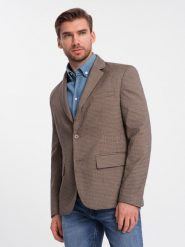 Marynarka męska casual w delikatną kratkę - brązowa V1 OM-BLZB-0116 - XL. Brązowe marynarki męskie Ombre Clothing, bez wzorów, z poliesteru, casualowe. W wyprzedaży za 149.99 zł.