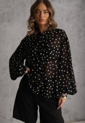 Czarna Półprzezroczysta Koszula w Kropki z Wiskozy i Bawełny z Wiązaniem Delmara. Czarne bluzki damskie Renee, m, bez wzorów, z bawełny, retro, bez kołnierzyka, bez ramiączek. Za 109.99 zł.
