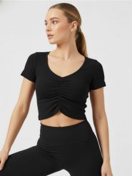 Krótka bluzka z marszczeniem na środku - czarny. Czarne bluzki damskie Sinsay, l, bez wzorów, bez kołnierzyka, bez ramiączek. Za 22.99 zł.