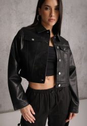 Czarna Kurtka Ramoneska Cropped o Fasonie Koszulowym Savarinda. Czarne kurtki i płaszcze dla dziewczynek Renee, bez wzorów, z koronki, bez kaptura. Za 119.99 zł.